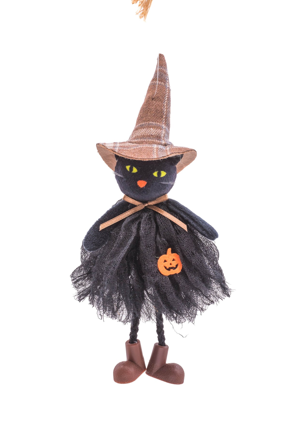9" Hanging Plaid Black Cloth Kitty Girl Doll Ready For Trick-Or-Treating