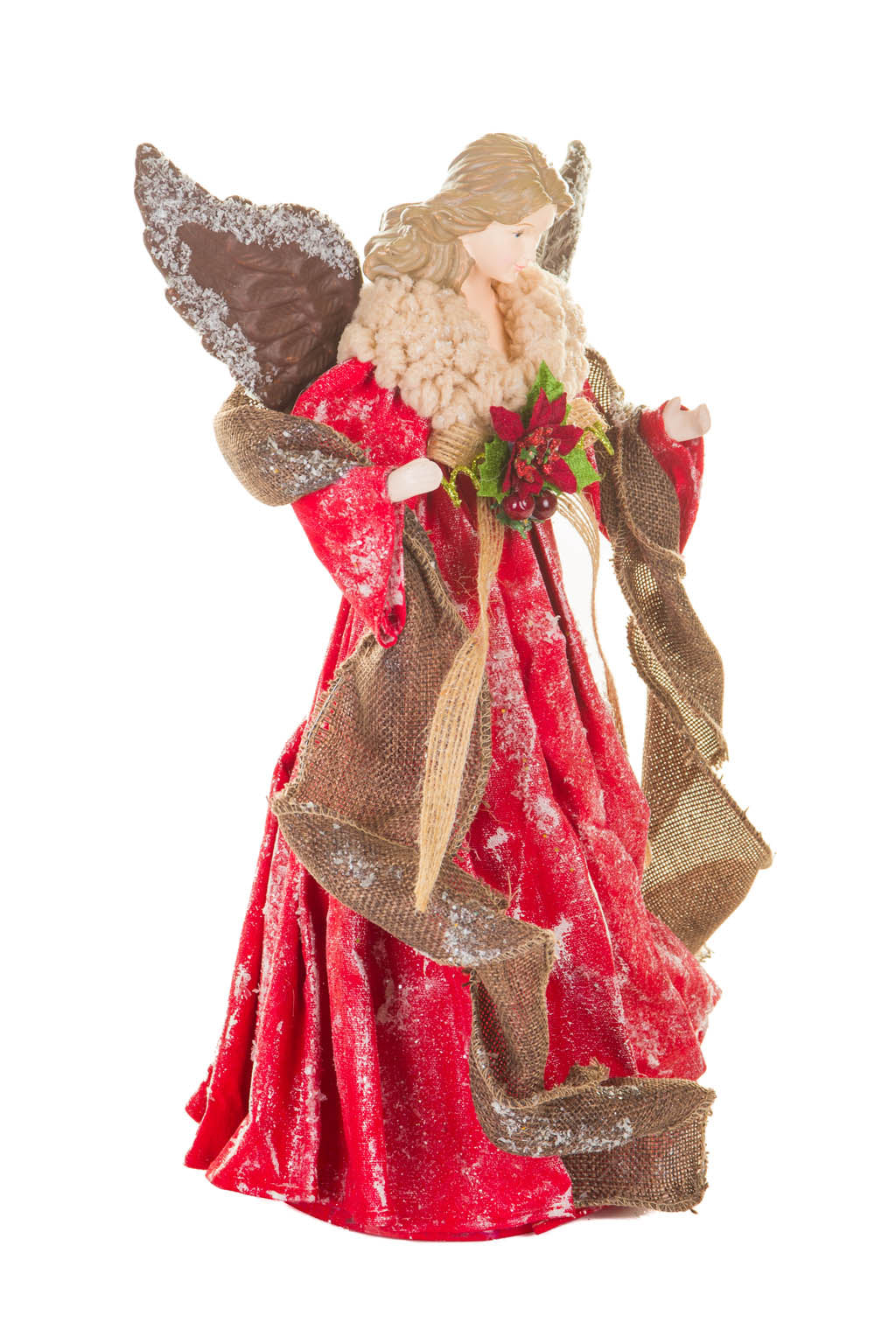 15" Red and Brown Polyester Ornate Warm White LED Angel Tree Topper with Snowflakes