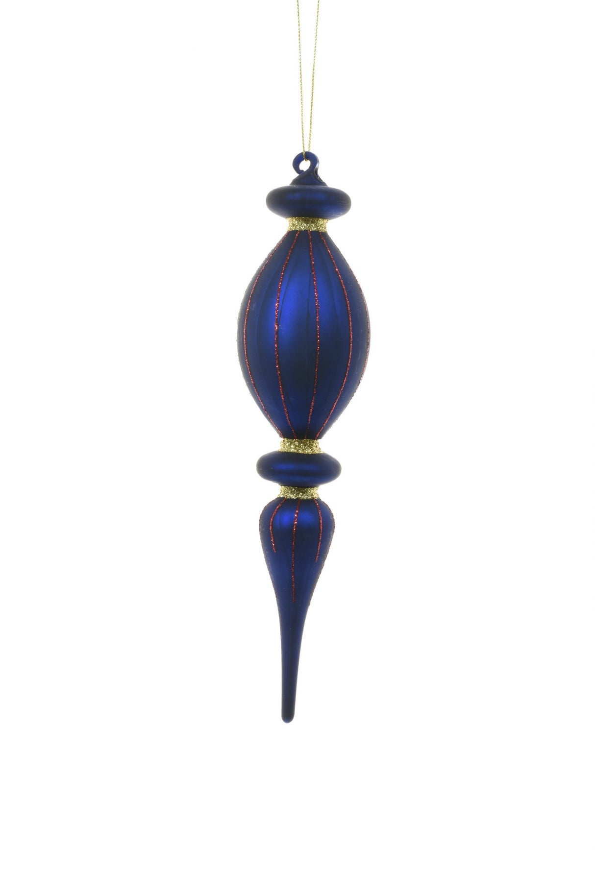 8.5" Hanging Royal Blue Glass Finial Ornament with Red/Gold Pattern