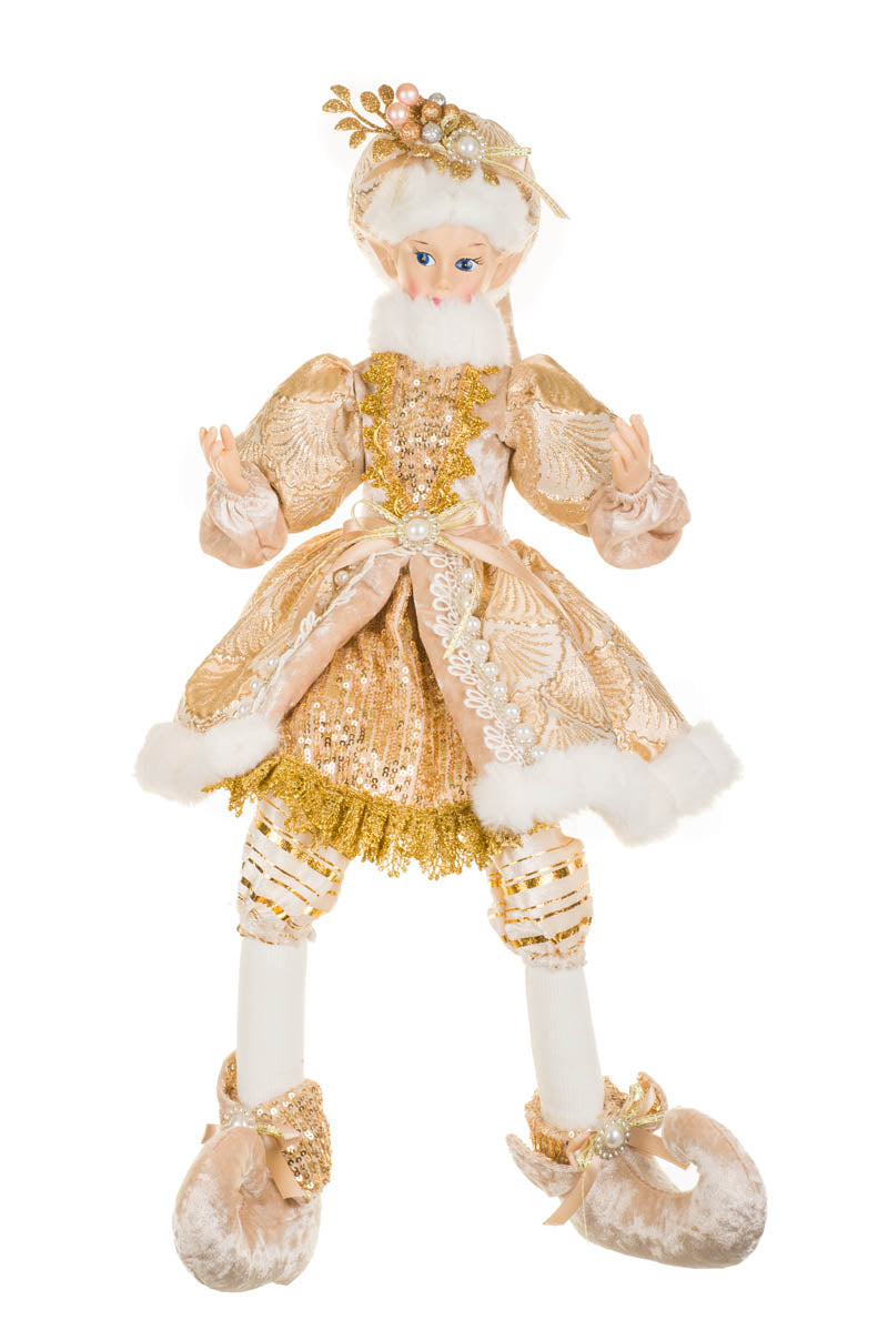 23" Sequin Gold and White Fabric Elf Figurine with Pearl Accents