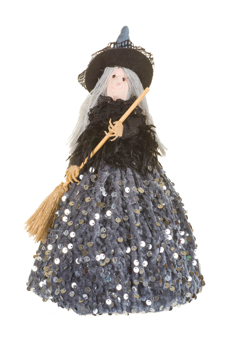 10.5" Hangable Sequin Gray and Black Fabric Witch Doll with Broom
