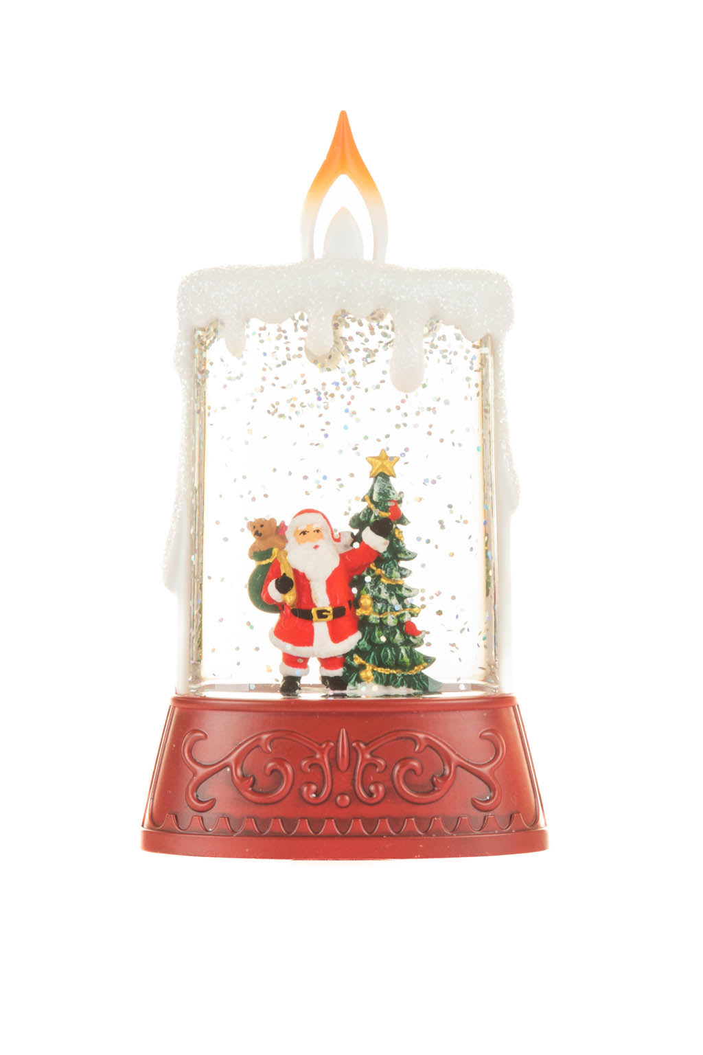 14.5" Red and White Plastic Candle Warm White LED Snow Globe with Santa
