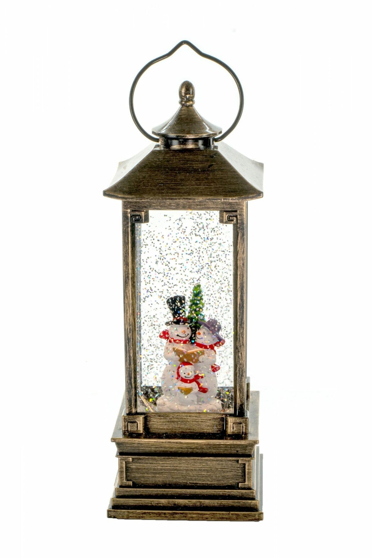 11.5" Gold Lantern Warm White LED Snow Globe with Snowman Caroler Family