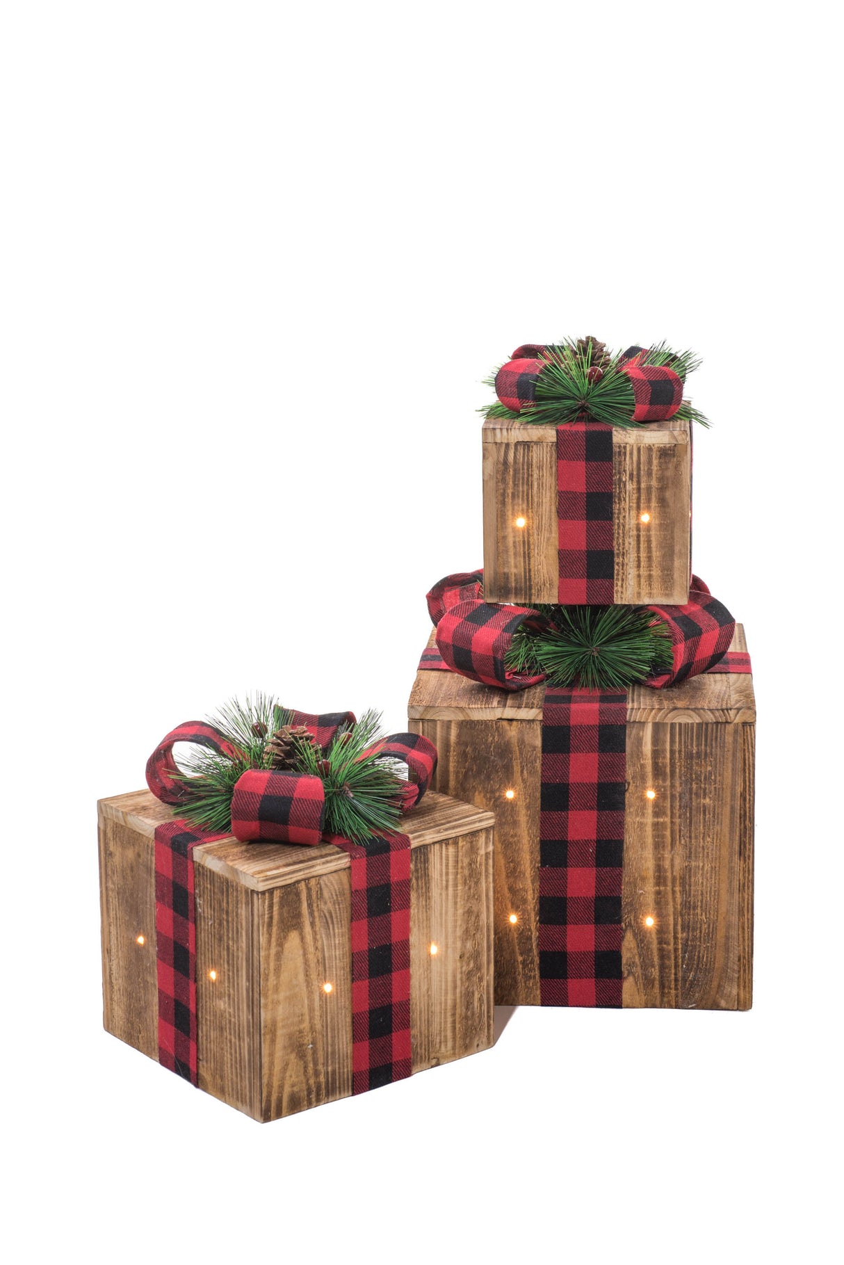 12.5" Umber Wood 3 Piece Illuminated Present Set with Buffalo Plaid Ribbon