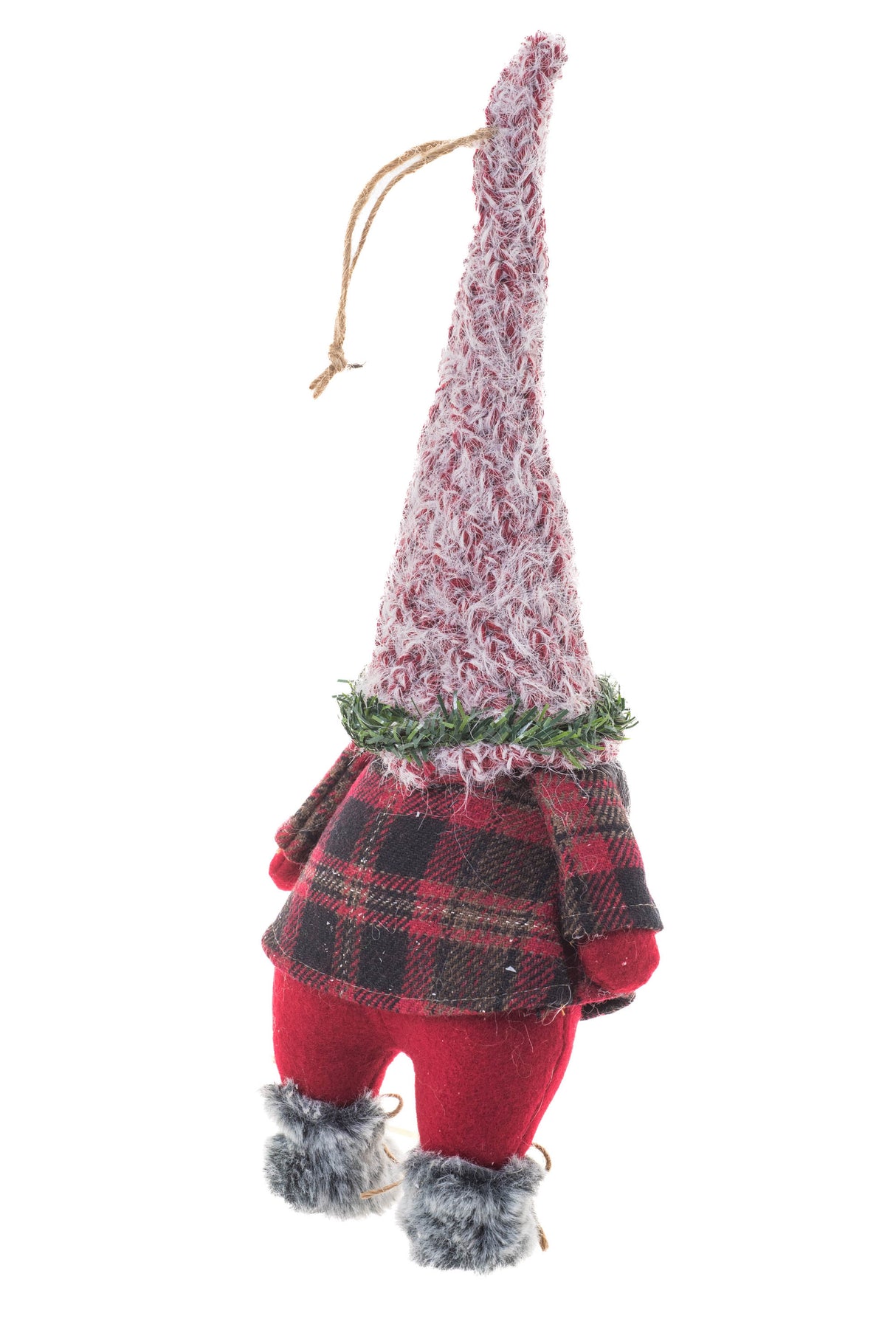 13.5" Hanging Buffalo Plaid Red and Brown Cloth Gnome Ornament with Skis