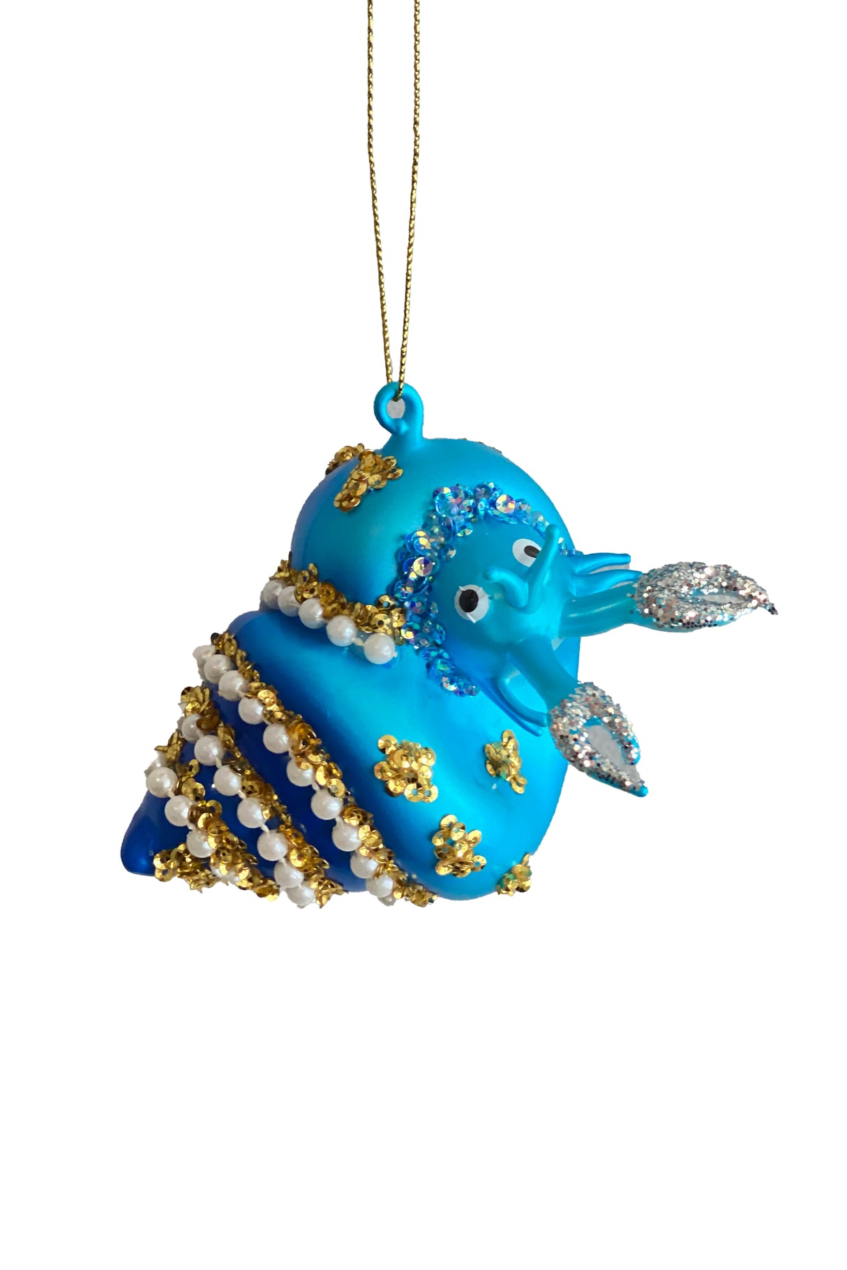 4" Hanging Blue Glass Snail Ornament with Pearls