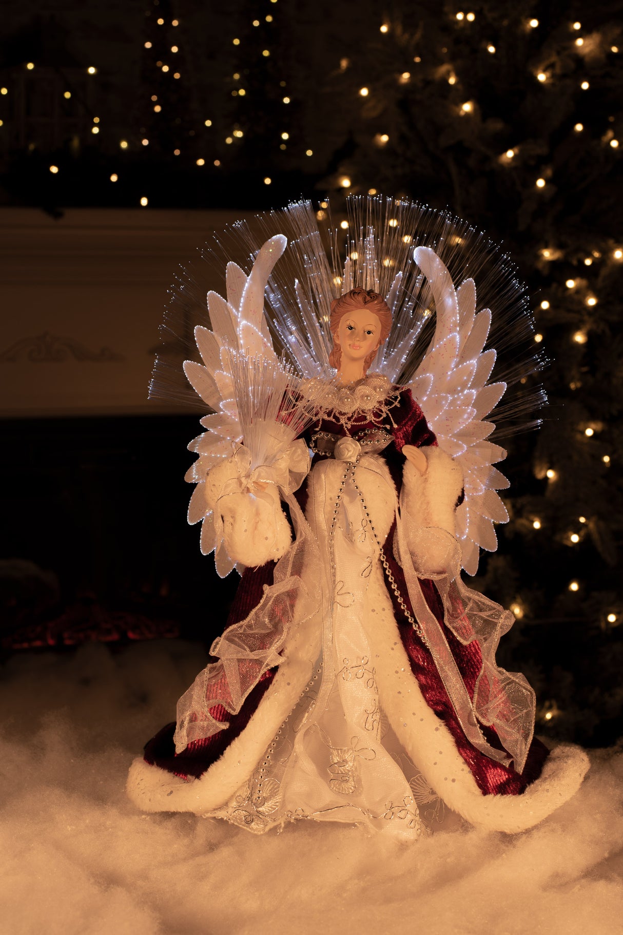 18" Red and White Cloth Large Modern Fiber Optic Angel Tree Topper
