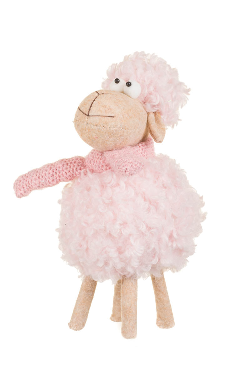 10" Fluffy Pink Wool Sheep Doll with Knitted Scarf