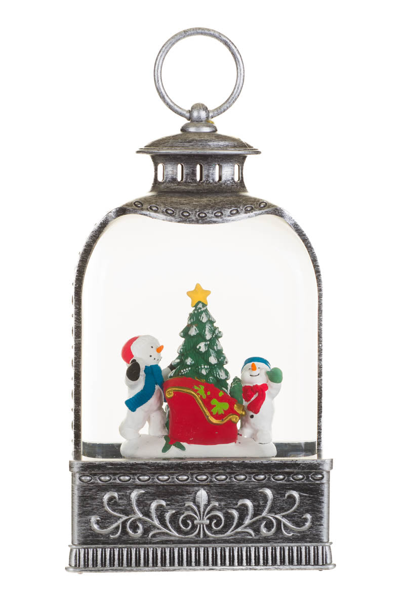9.25" Silver Plastic Lantern Cool White LED Snow Globe with Snow Family Adventure