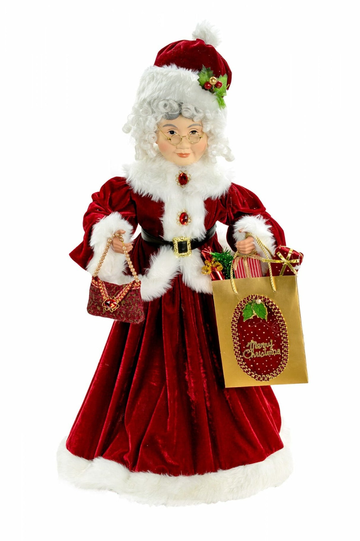 32" Burgundy Cloth Mrs. Claus Figurine with Gift Bag