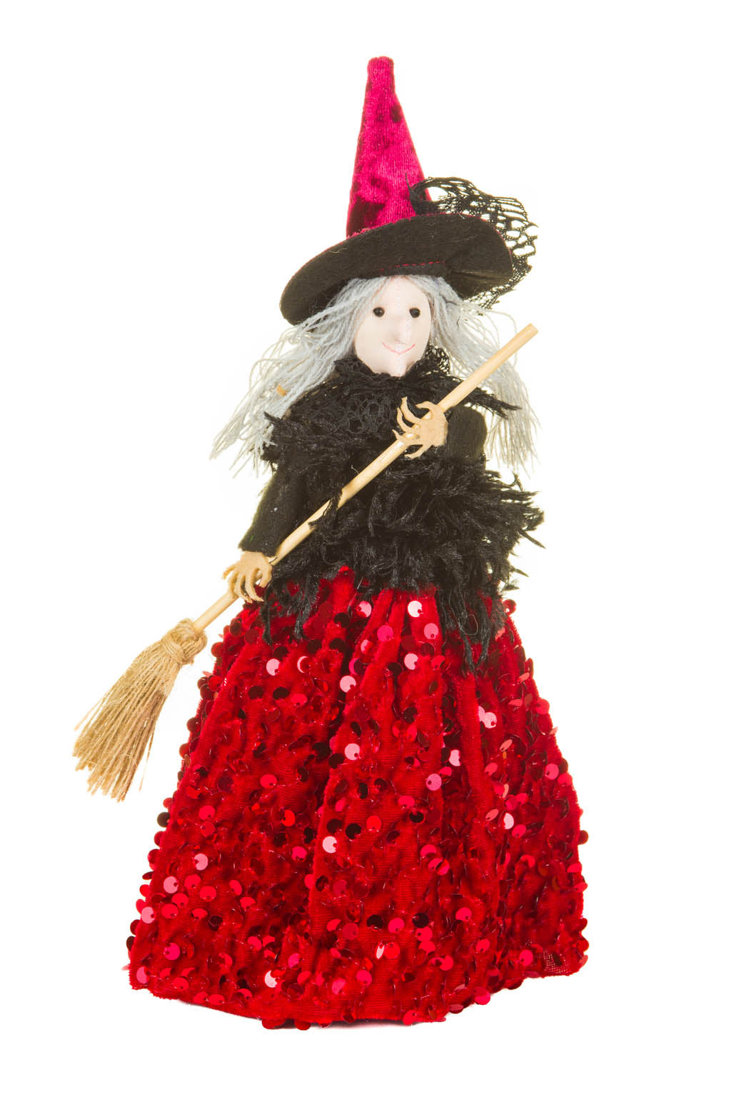 12" Sequin Black and Red Cloth Witch Ornament with Broom