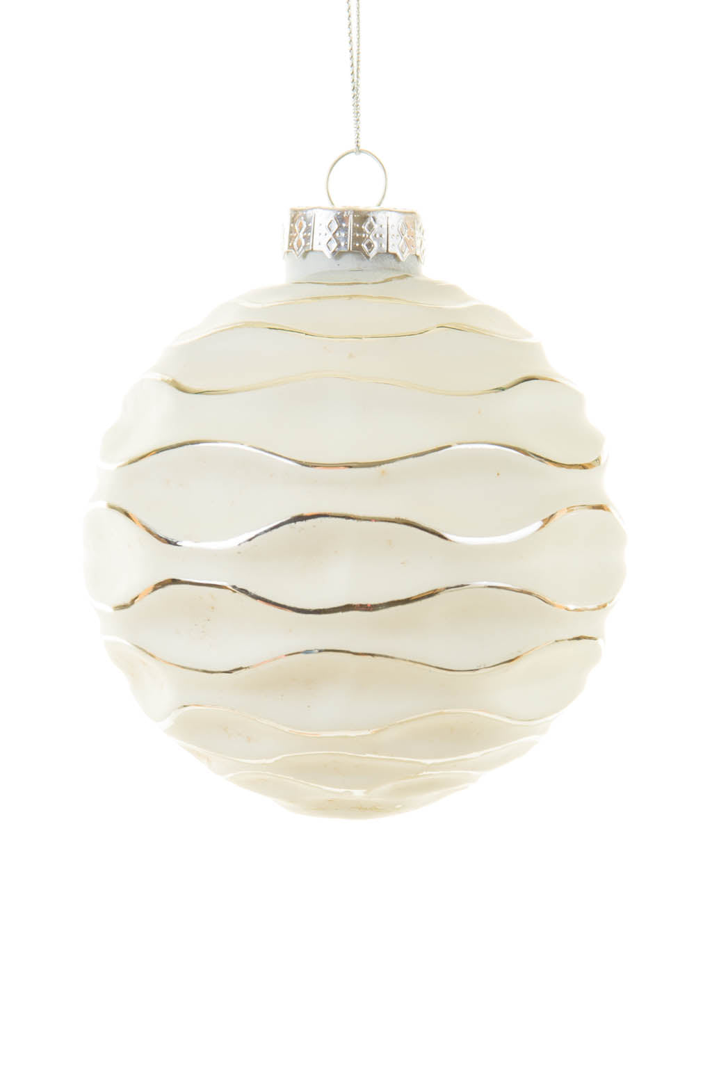 4" Hangable White Glass Ball Ornament with Silver Trim