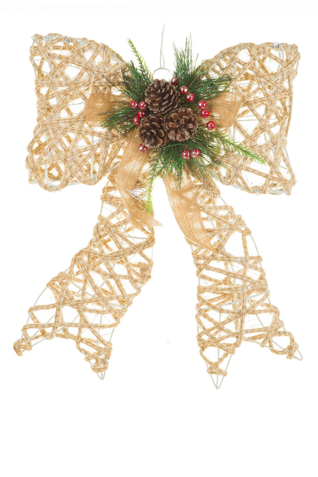 15" Hanging Beige and Green Cotton Rope Mache Luminant Warm White LED Christmas Star