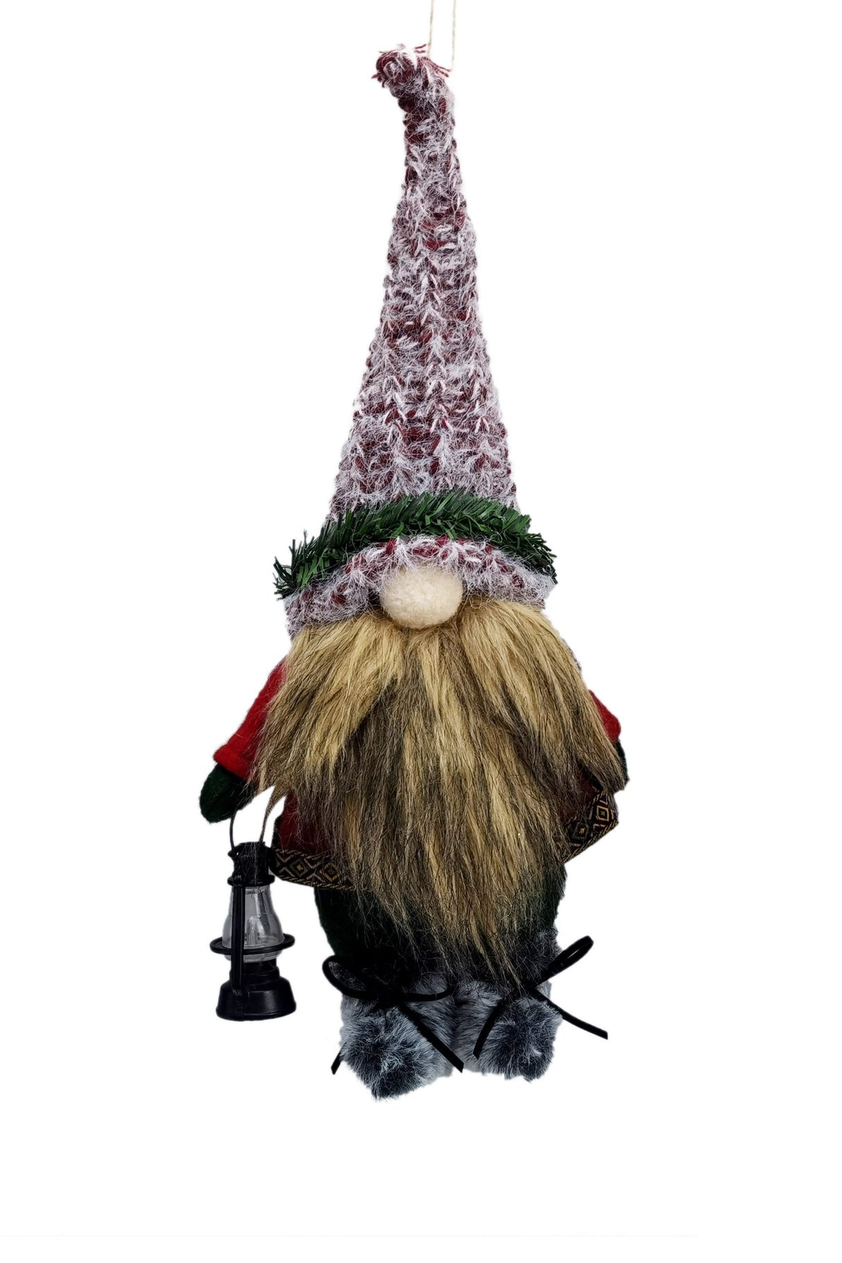 13.5" Hanging Plaid Red and Brown Cloth Gnome Ornament