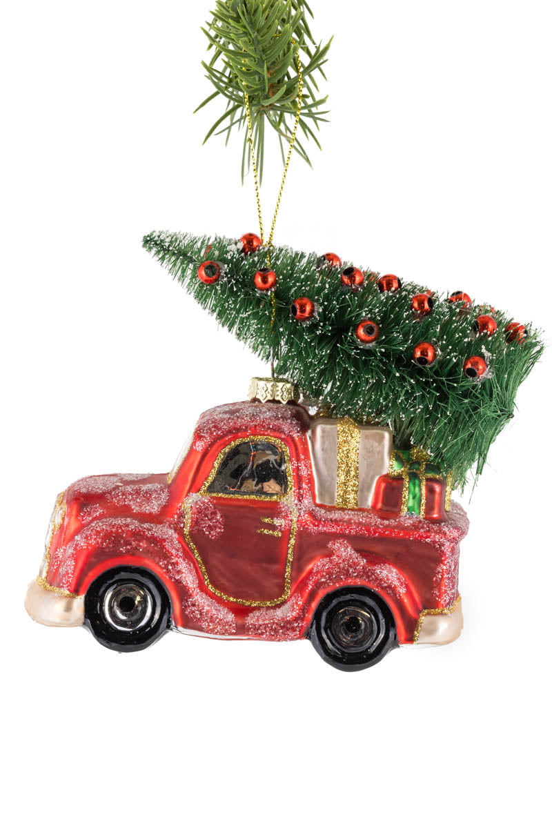 4.25" Hanging Red Glass Pick-Up Truck Ornament with Tree