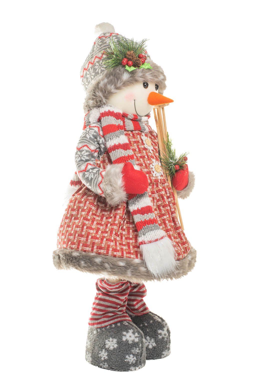 29" Tartan Red and White Stitched Fabric Cross-Stitch Snowman