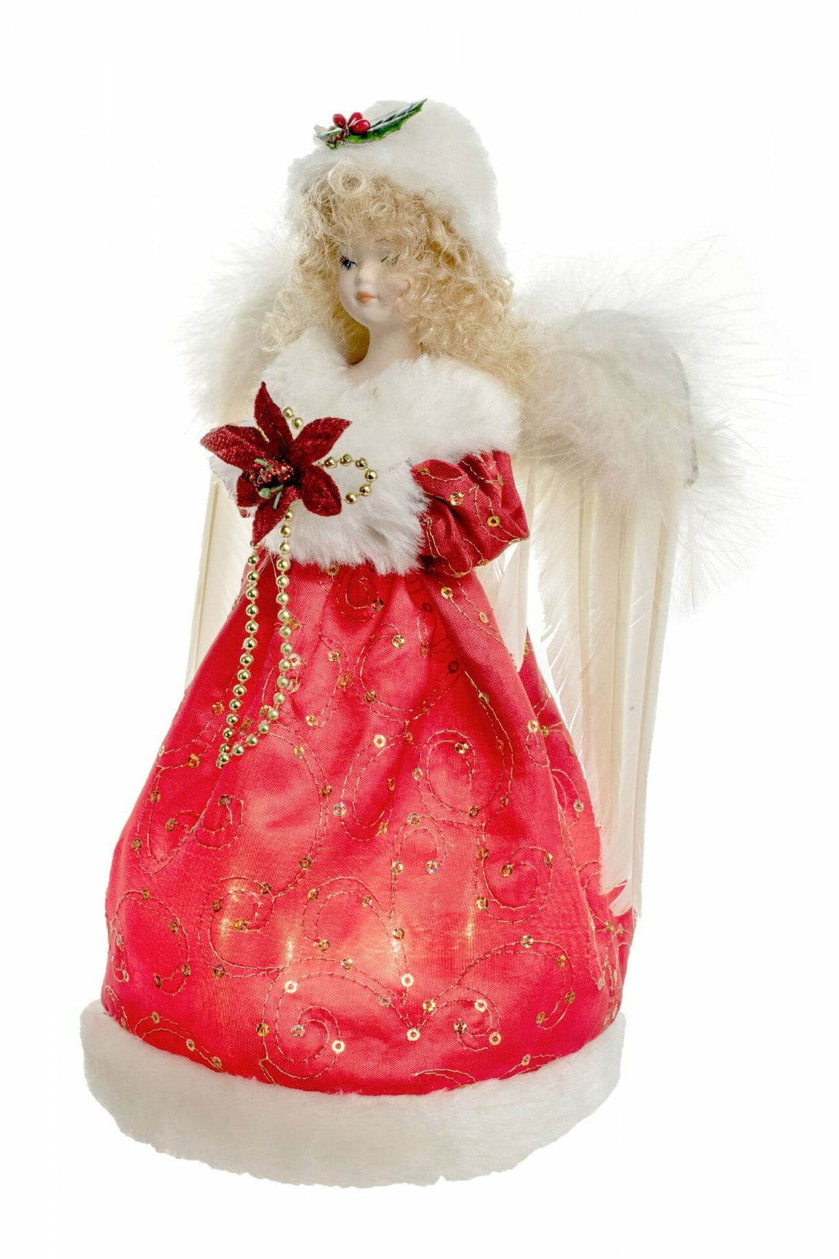 9" Red Cloth Small 10-Light Angel Tree Topper with Blonde Curly Hair