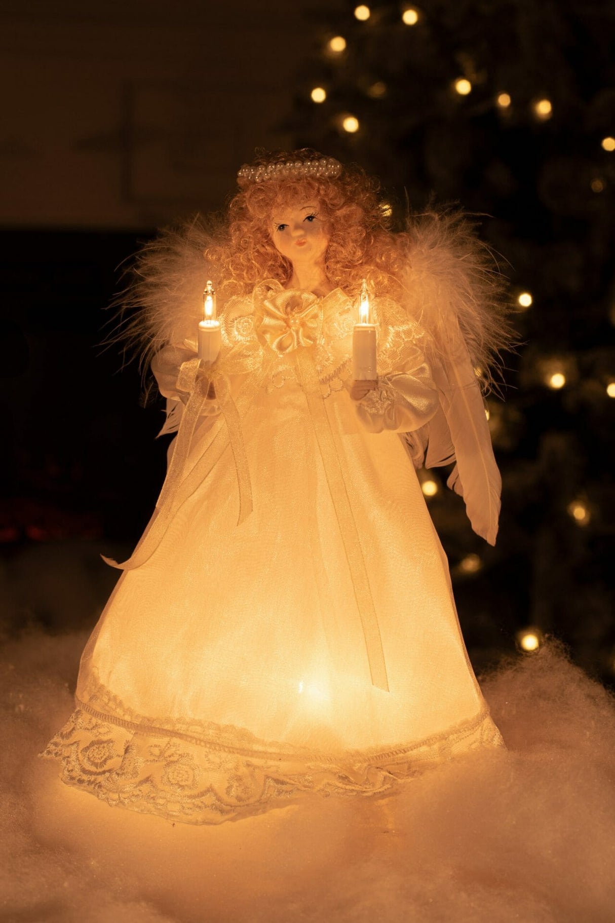 10" Ivory Small 10-Light Angel Tree Topper with Blonde Curly Hair