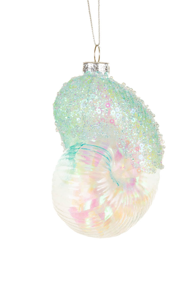 4.25" Hanging Iridescent Clear and Blue Glass Snail Shell Ornament