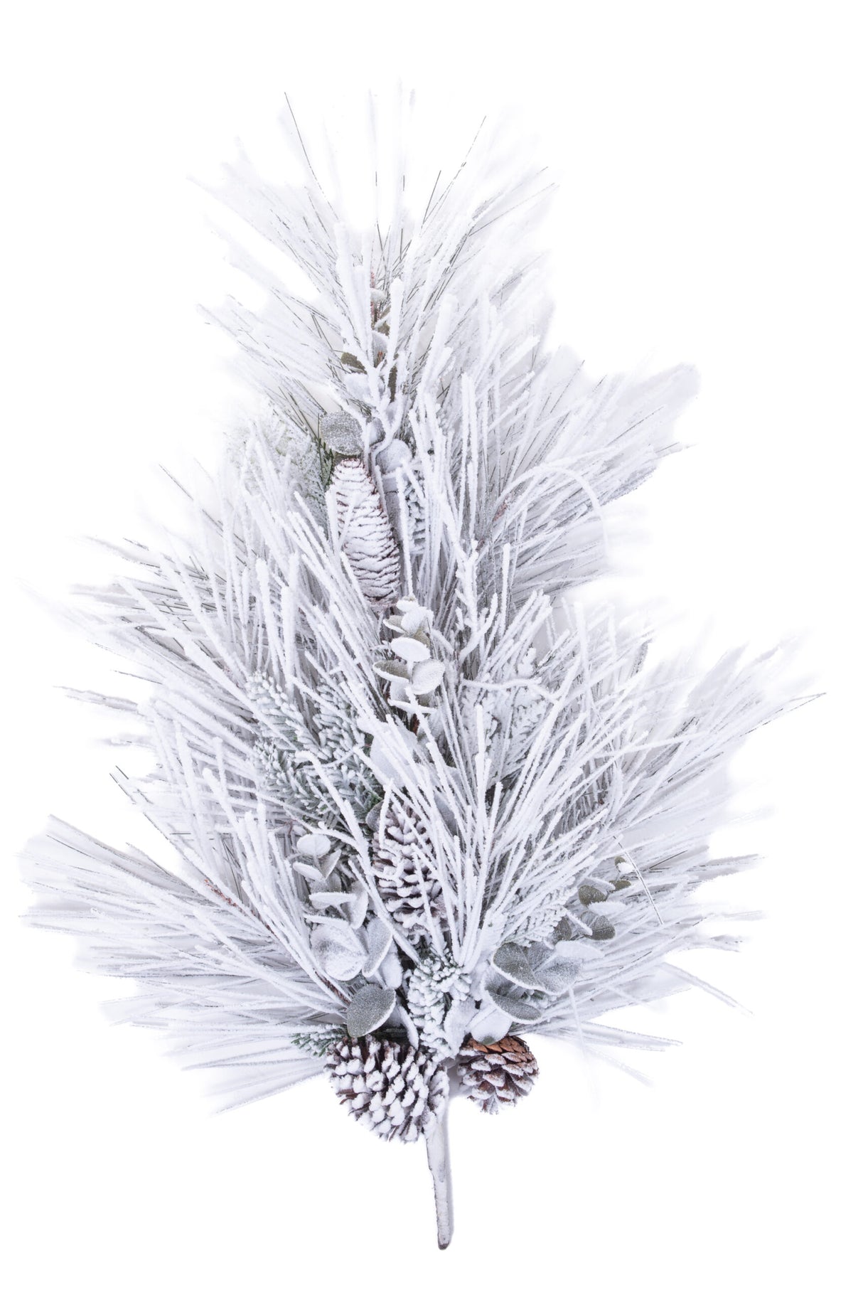 34" Hangable Flocked White and Green Pvc Teardrop Swag with Pinecones