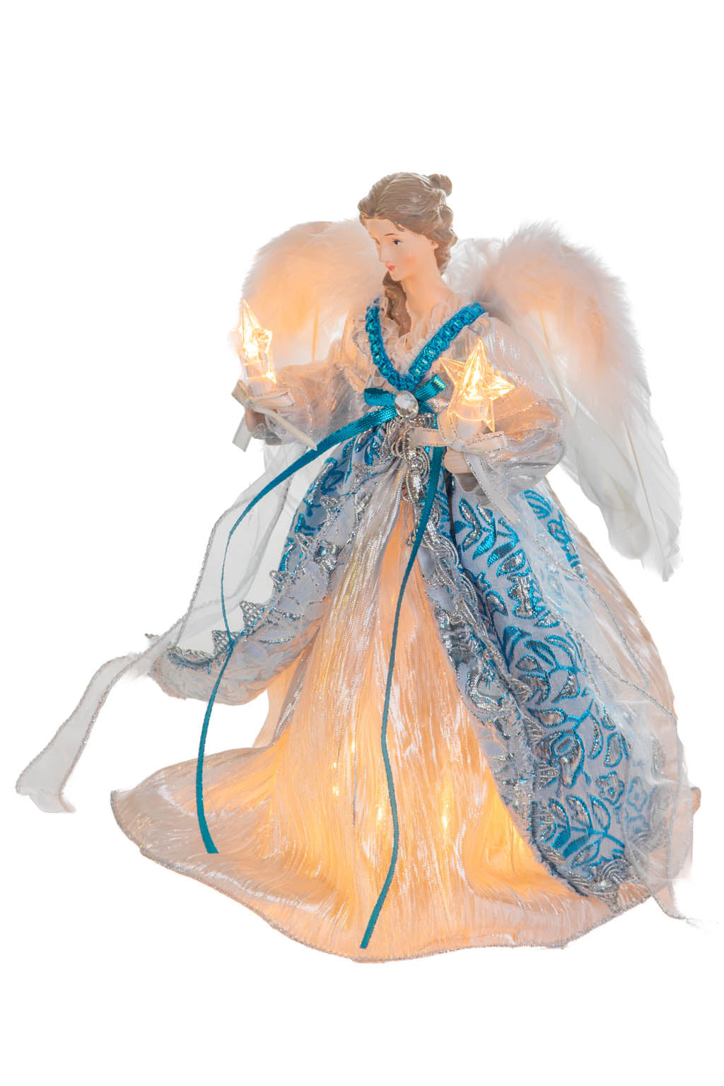 12" Floral Silver and Cerulean Polyester Contemporary Warm White LED Angel Tree Topper