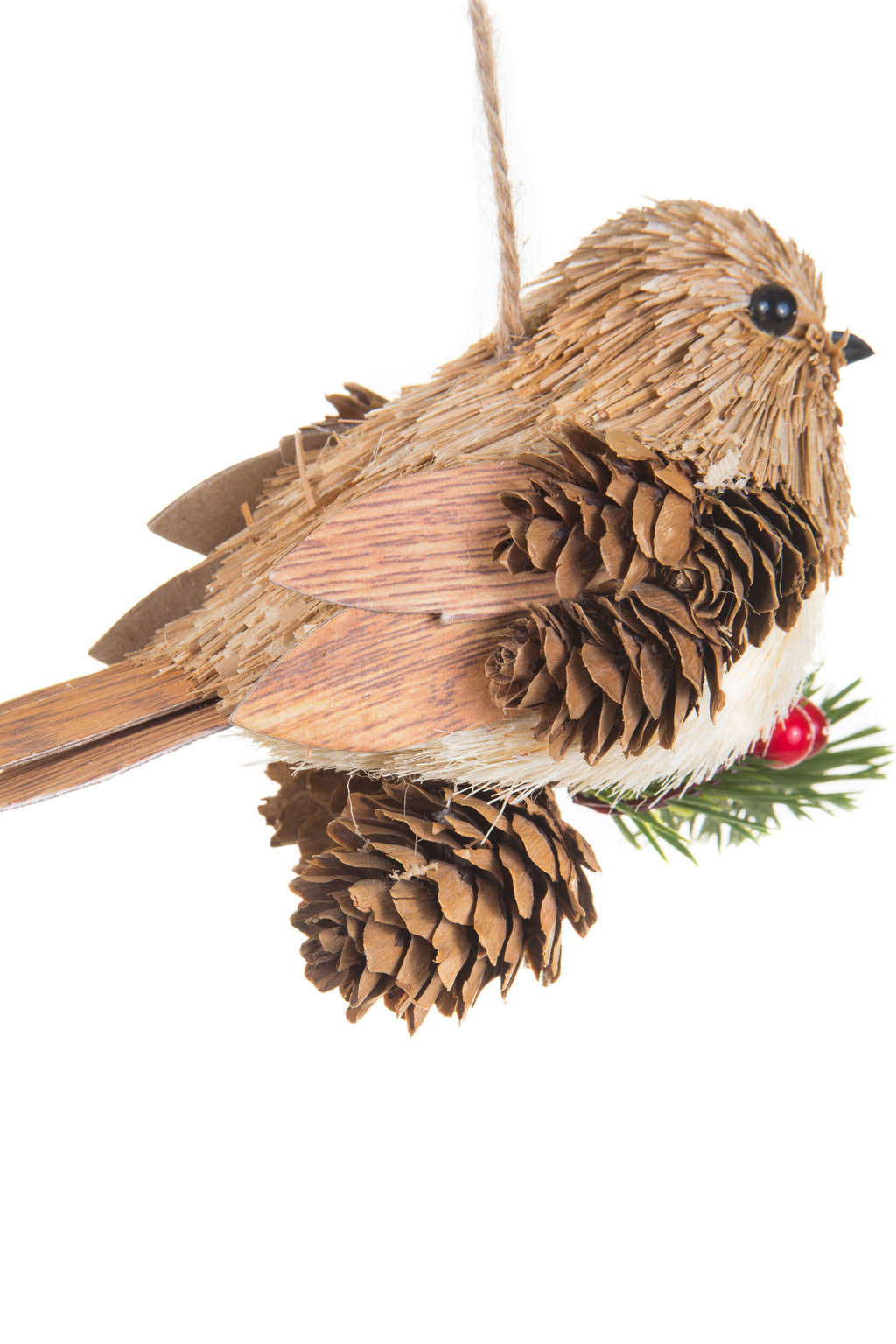 5.5" Hanging Tan Straw Pinecone Bird Ornament Sitting On Spray
