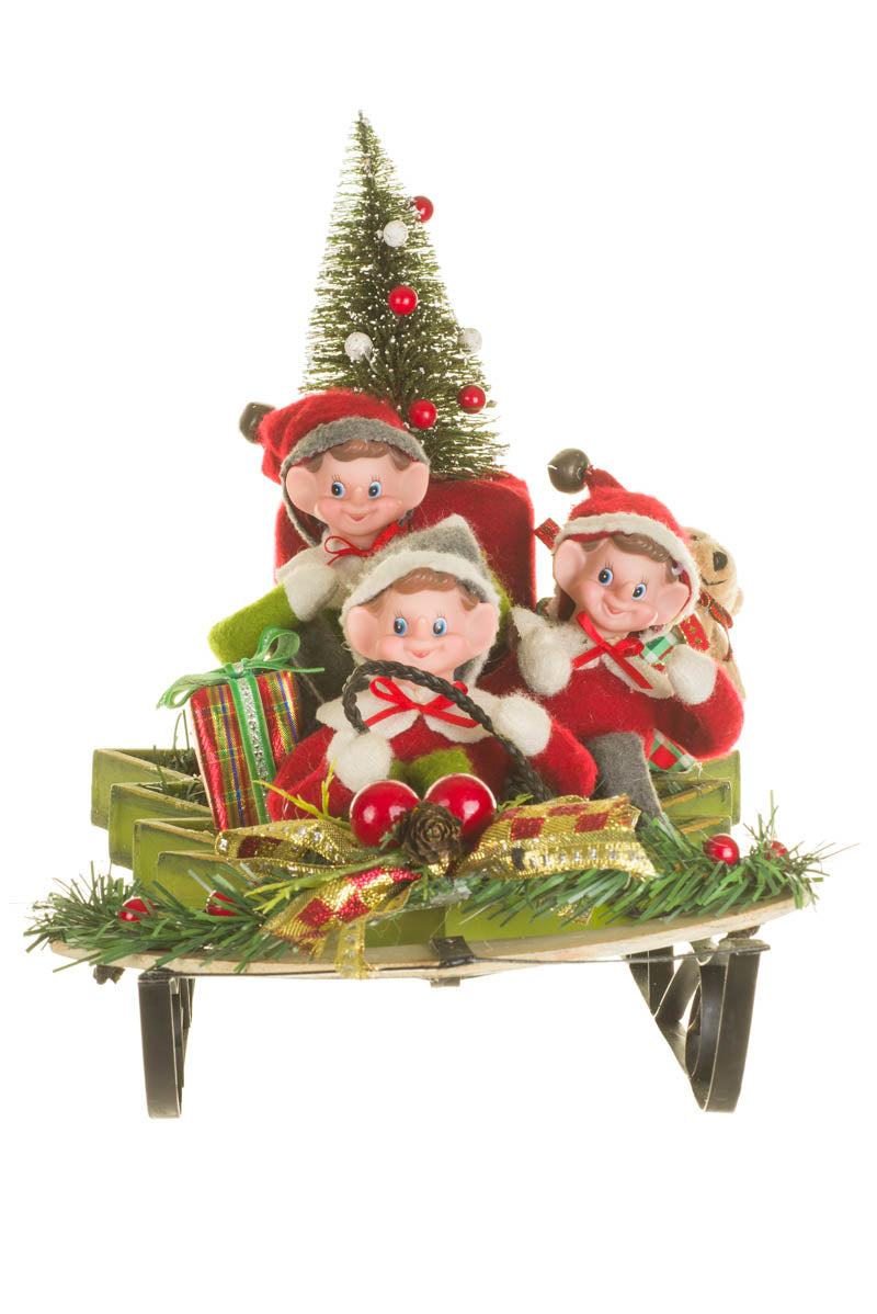 17" Red and Green Fabric Sledding Elves Figurine with Gifts
