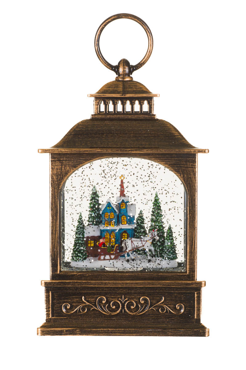 8.5" Musical Bronze Plastic Lantern Warm White LED Snow Globe with Winter Joyride