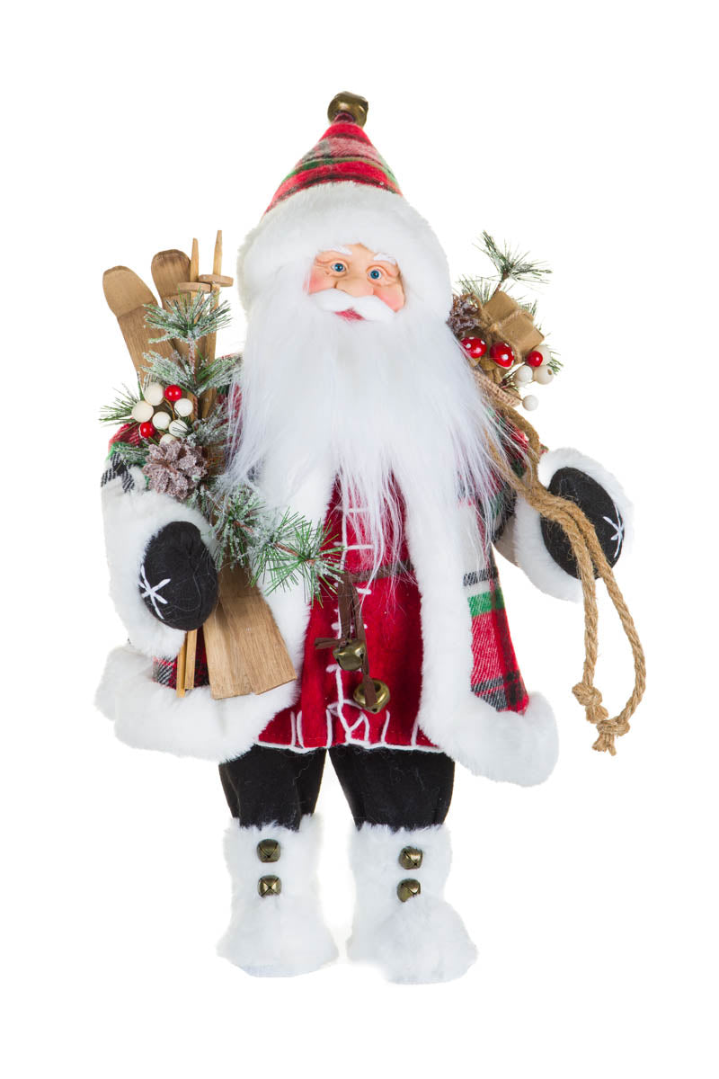 18" Plaid Red and White Fabric Santa Figurine with Skis