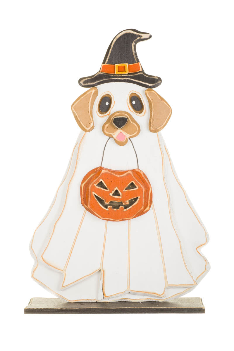 28.25" White Wooden Trick-Or-Treating Ghost Puppy Display with Witch Hat