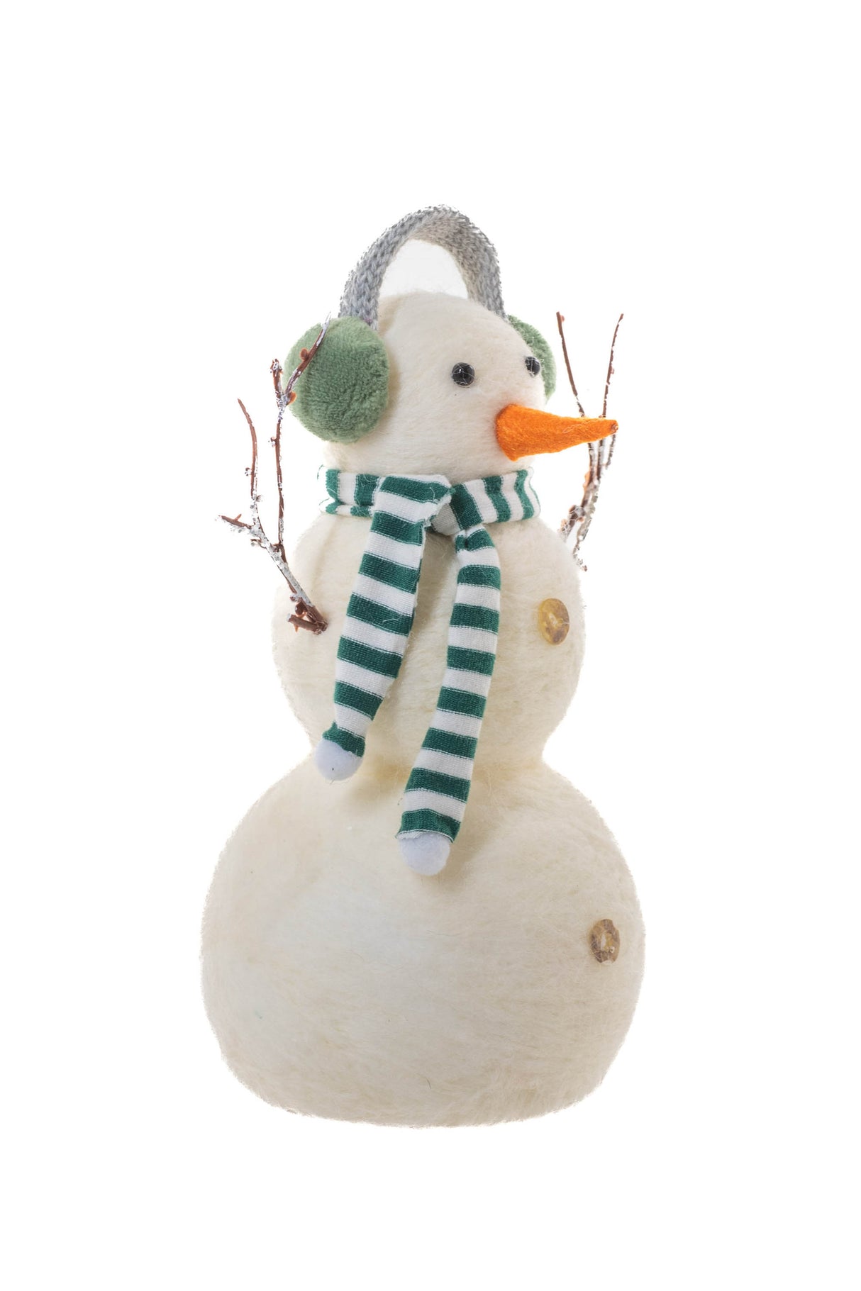 8" White Polylon Big Brother Snowman with Green Earmuffs and Scarf