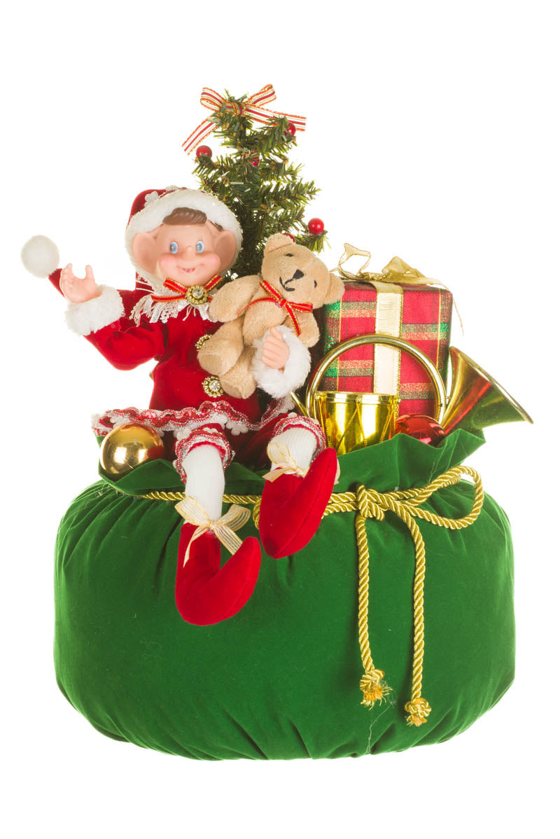 17" Red and Green Fabric Elf's Christmas Sack Figurine with Bear