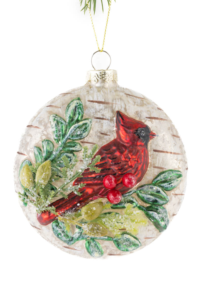 5" Flat Hanging Red and Birch Bark Glass Cardinal Ornament