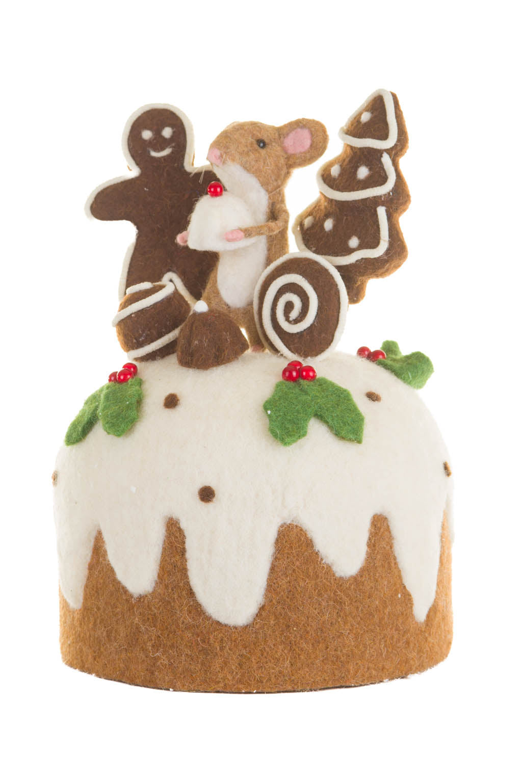11.75" White and Brown Fleece Mousey Cake Display with Gingerbread Man