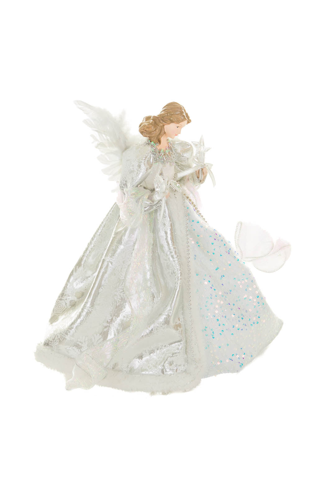 15" Sequin Silver and White Polyester Elegant Warm White LED Angel Tree Topper In Snowflake Dress