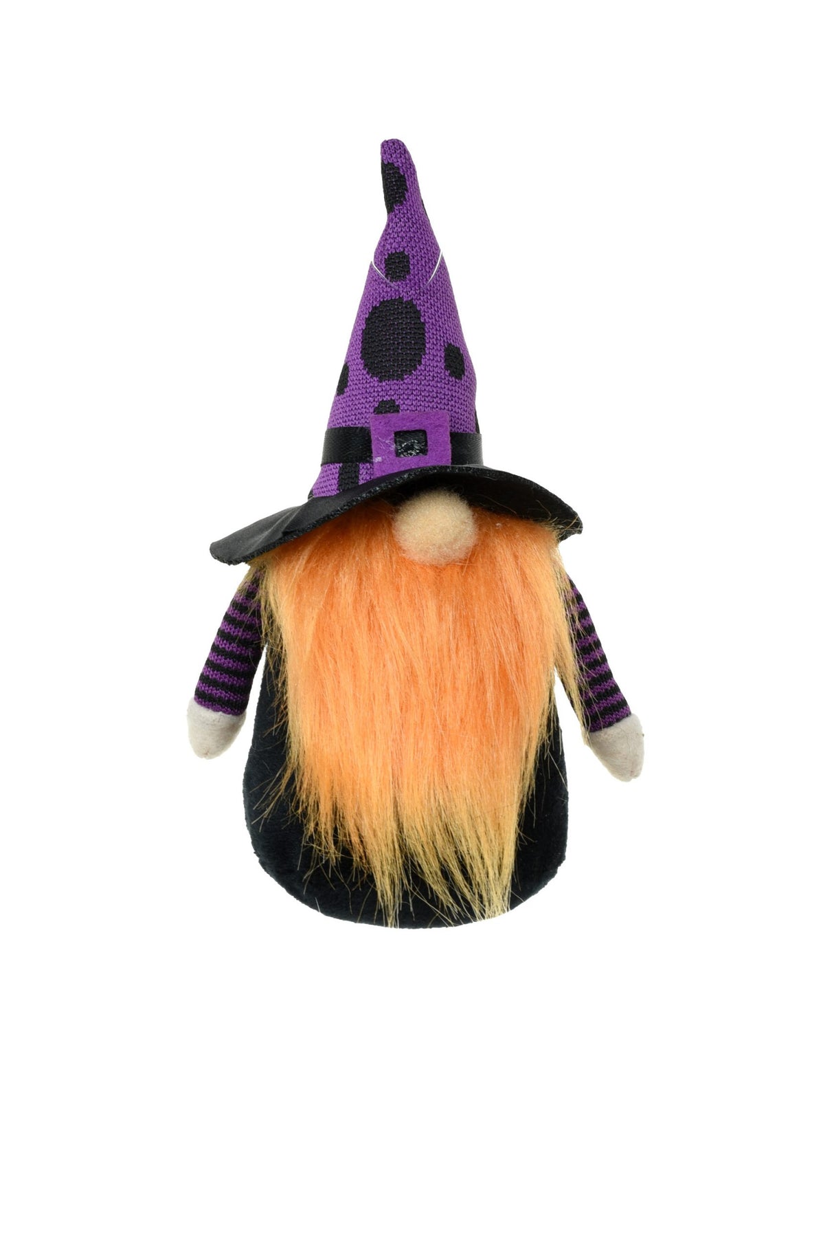 6" Black and Purple Cloth Halloween Gnome Doll with Polka-Dot Witch Hat