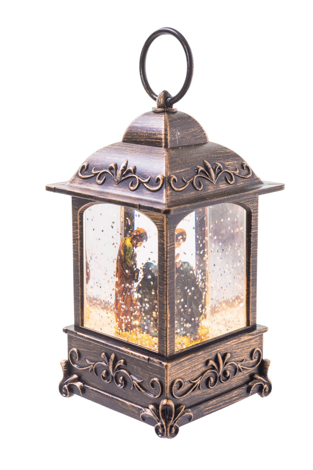 5.25" Mini Brown Plastic Square Lantern LED Snow Globe with Nativity Figurine