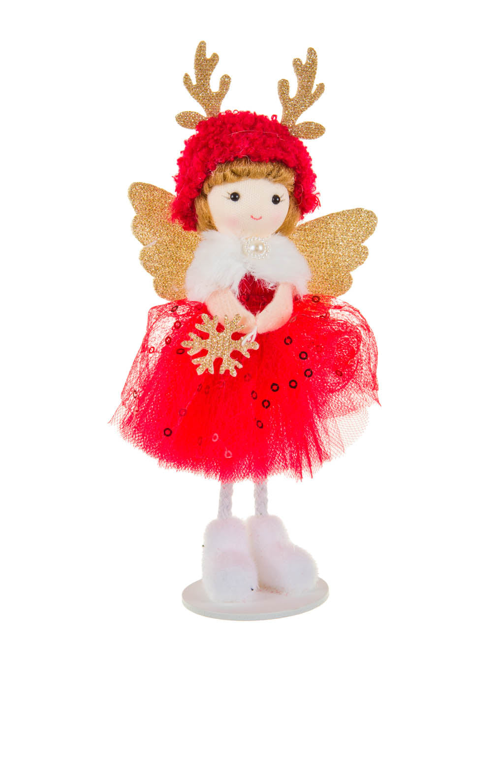 7.5" Red and Gold Polyester Elegant Angel Ornament with Antler Cap
