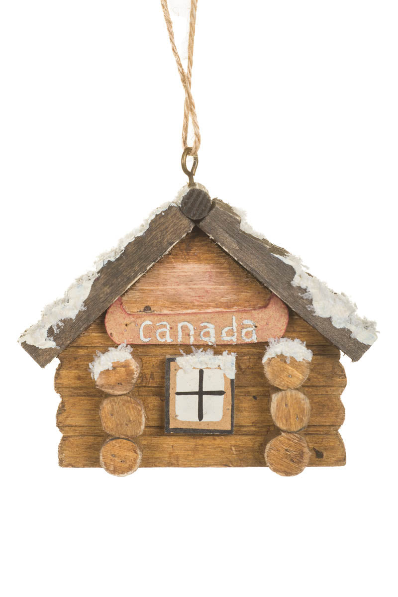 4" Umber Wooden Canada Log Cabin Ornament