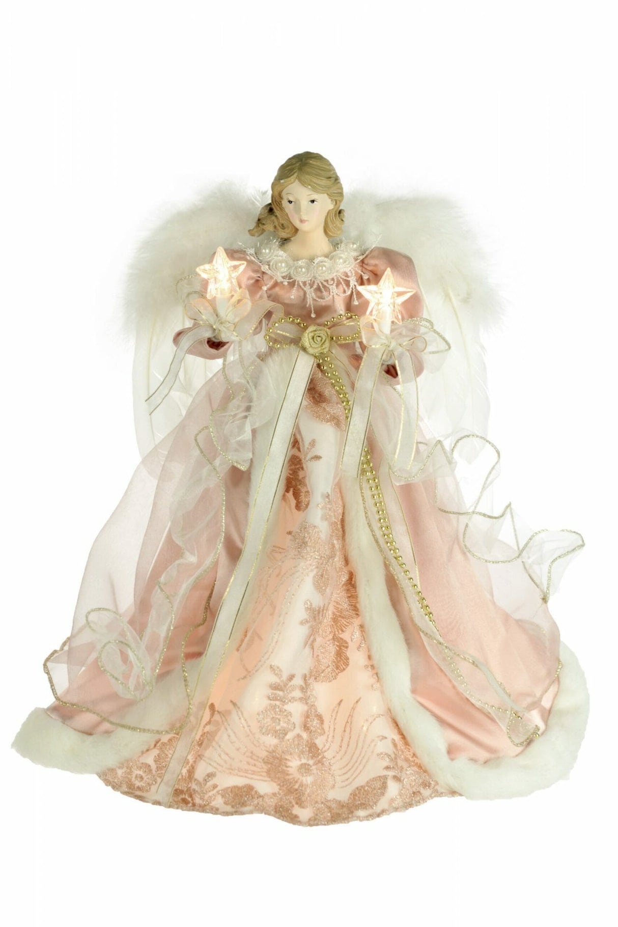 16" Pink and White Cloth Modern 10-Light Angel Tree Topper with Fluffy White Wings