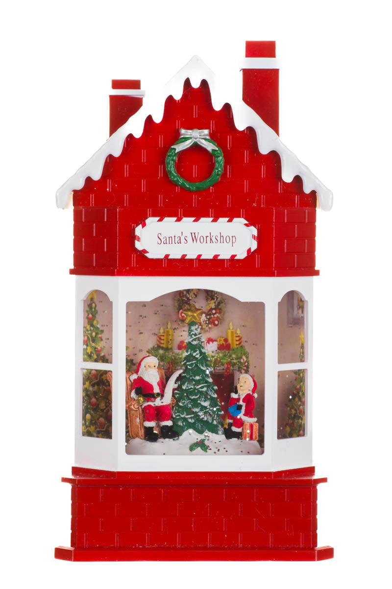 11.25" Red Plastic Santa's Workshop Warm White LED Snow Globe with Swirling Glitter
