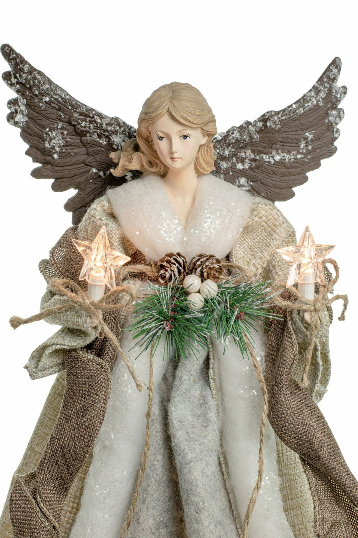 16" Taupe and Gray Rattan Modern 10-Light Angel Tree Topper with Holly Belt