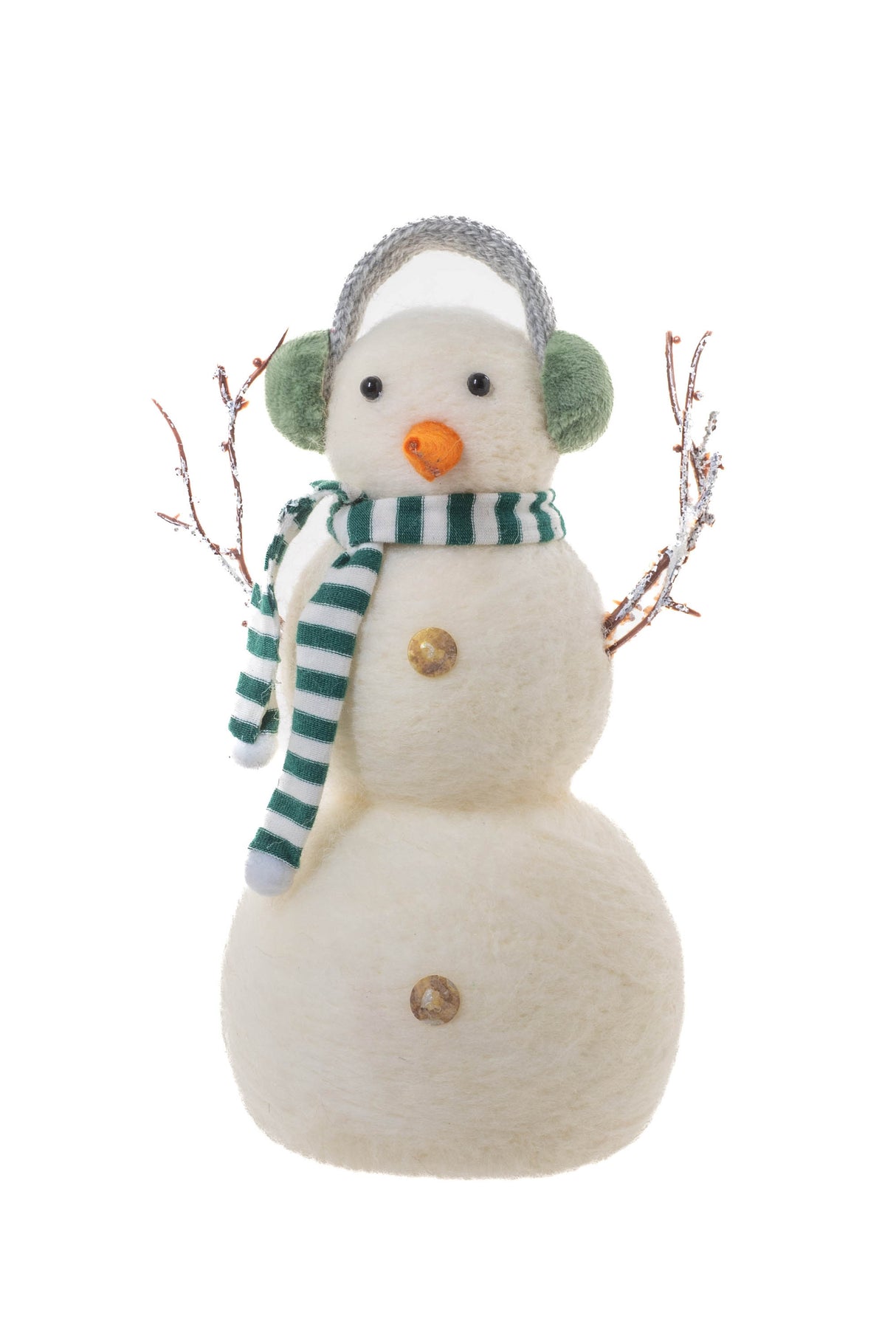 8" White Polylon Big Brother Snowman with Green Earmuffs and Scarf