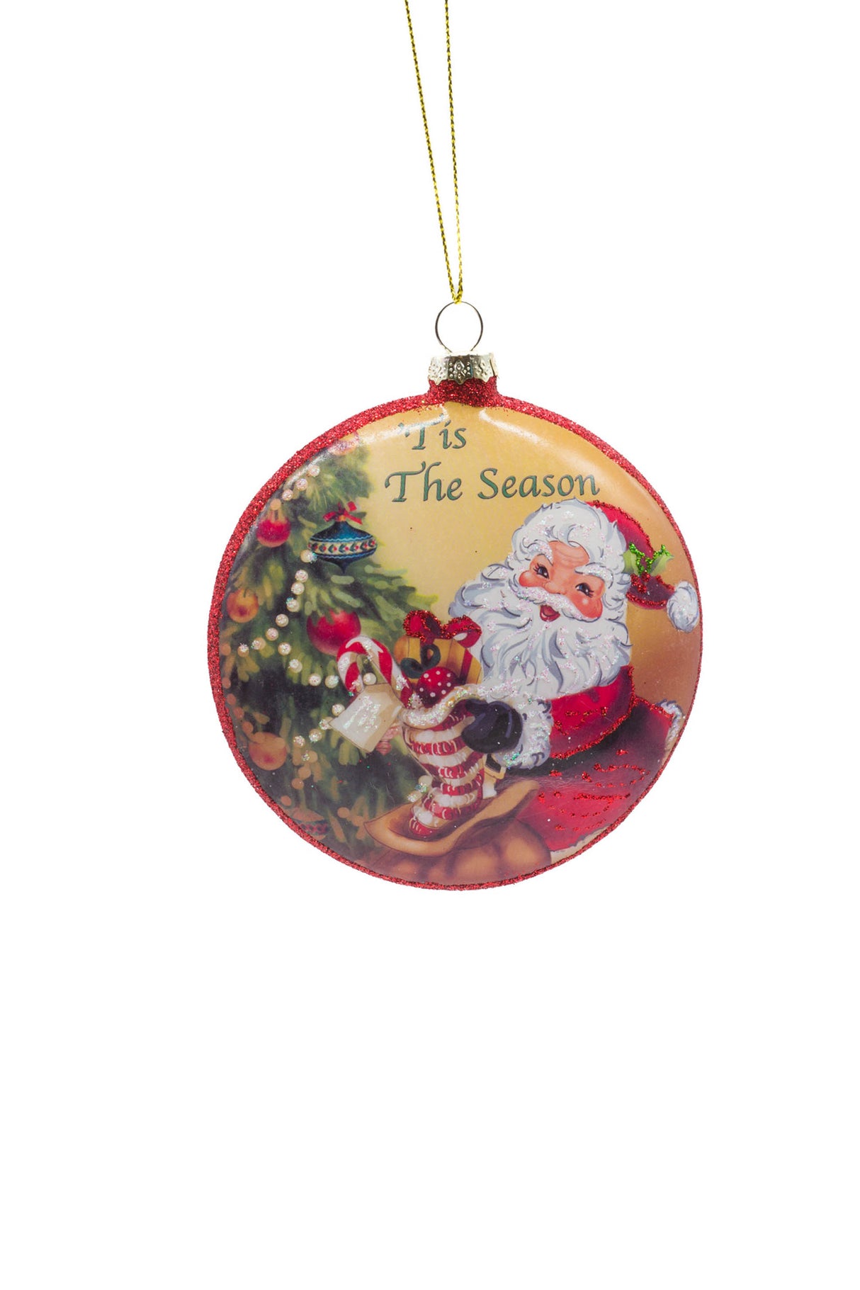 4.5" Hanging Yellow and Red Glass Painted Pendant with Santa On The Job