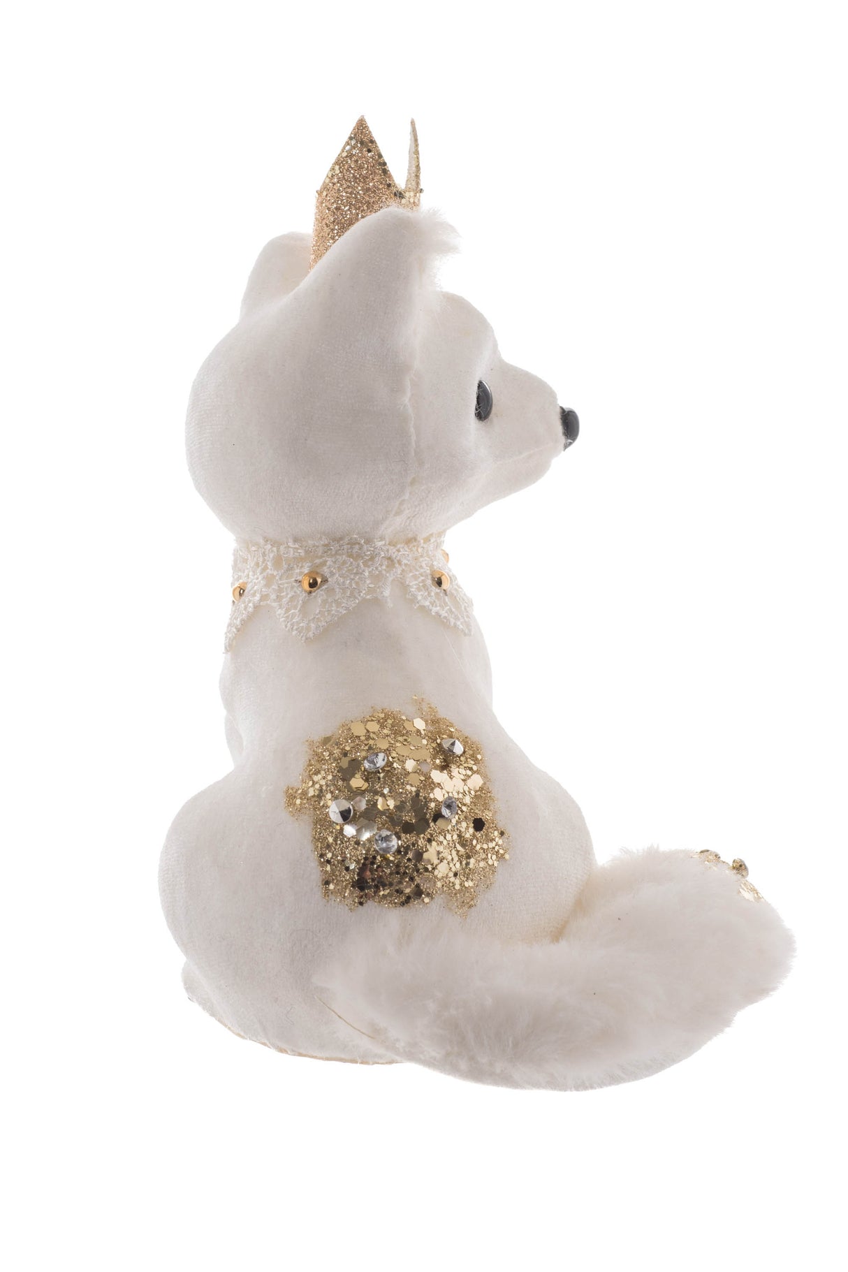 7.5" Ornamental White and Gold Cloth Fox Figurine with Crown
