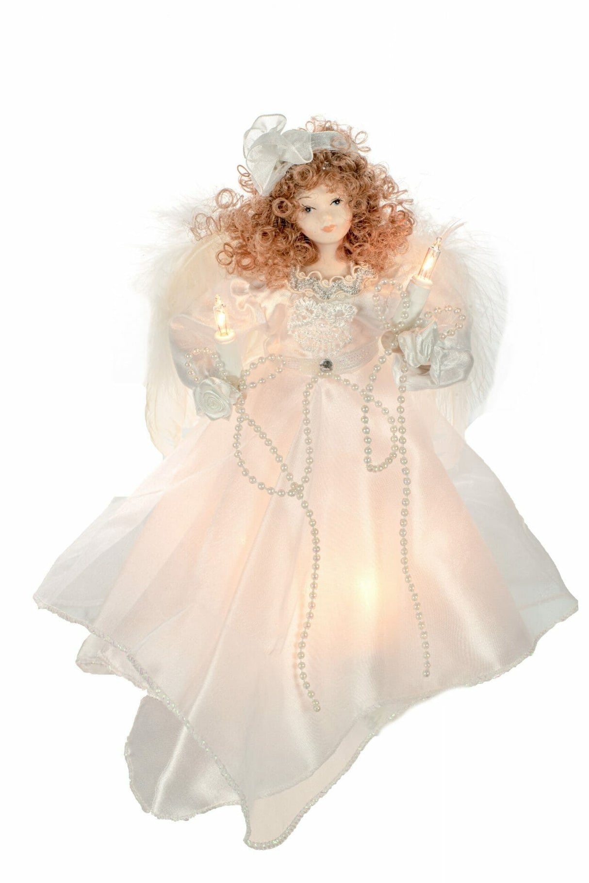 10" White Cloth Small 10-Light Angel Tree Topper with Brown Curly Hair