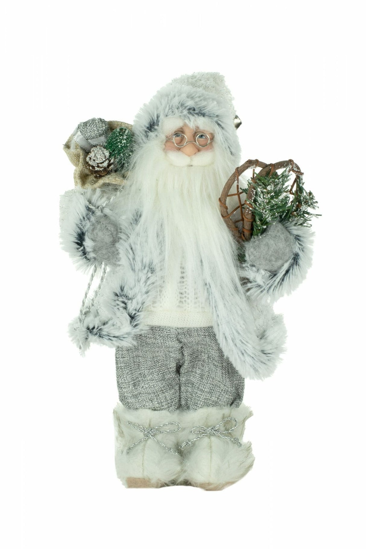 12" White and Gray Cloth Festive Santa Figurine with Snowshoes