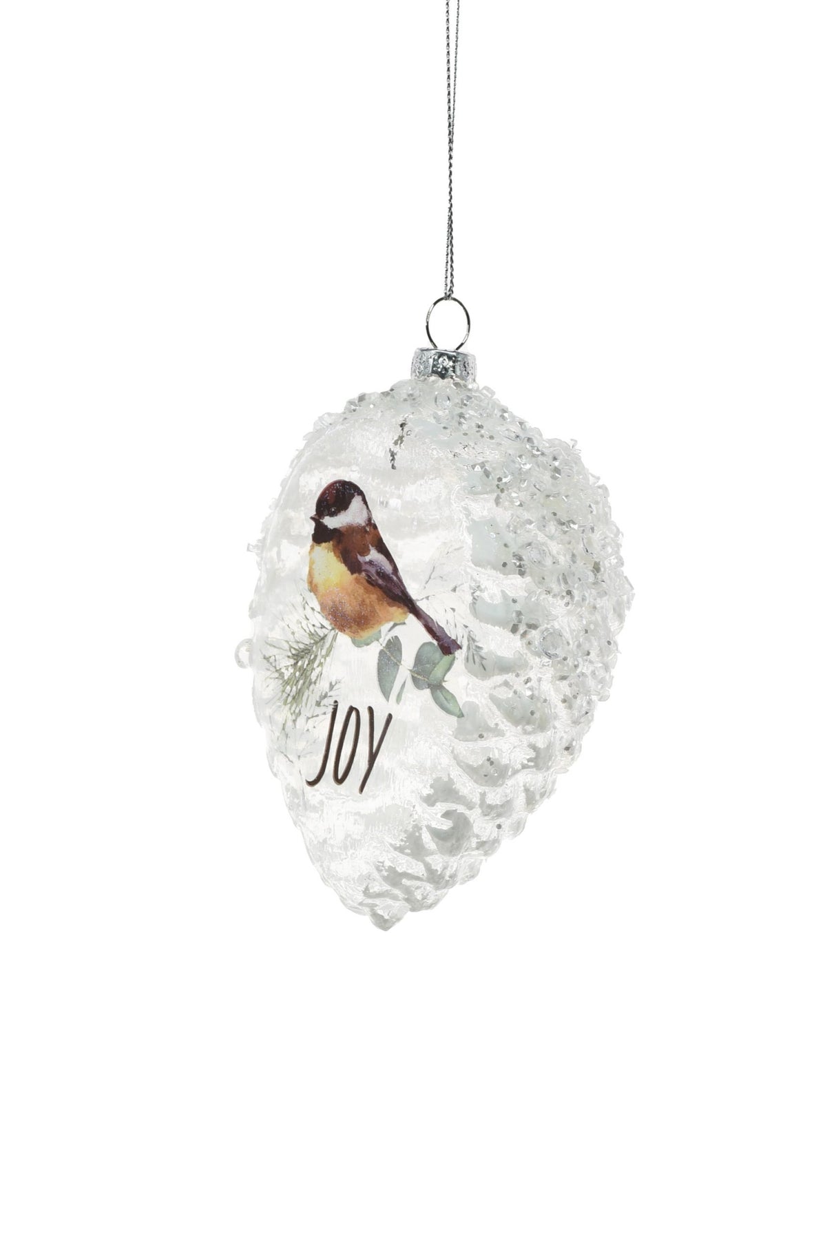 4.5" Hanging Clear Glass Pinecone Ornament with Perched Chickadee