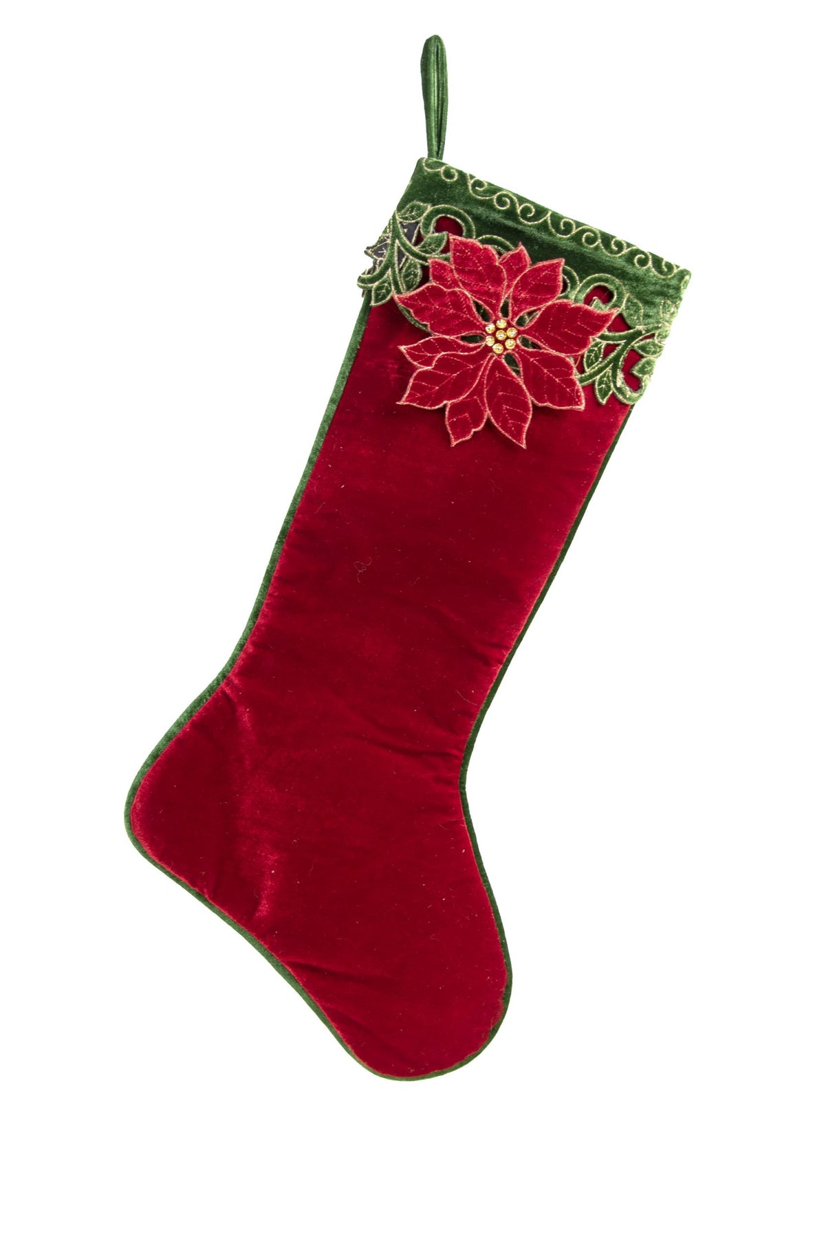 22" Soft Burgundy Velvet Poinsettia Flower Stocking with Flower