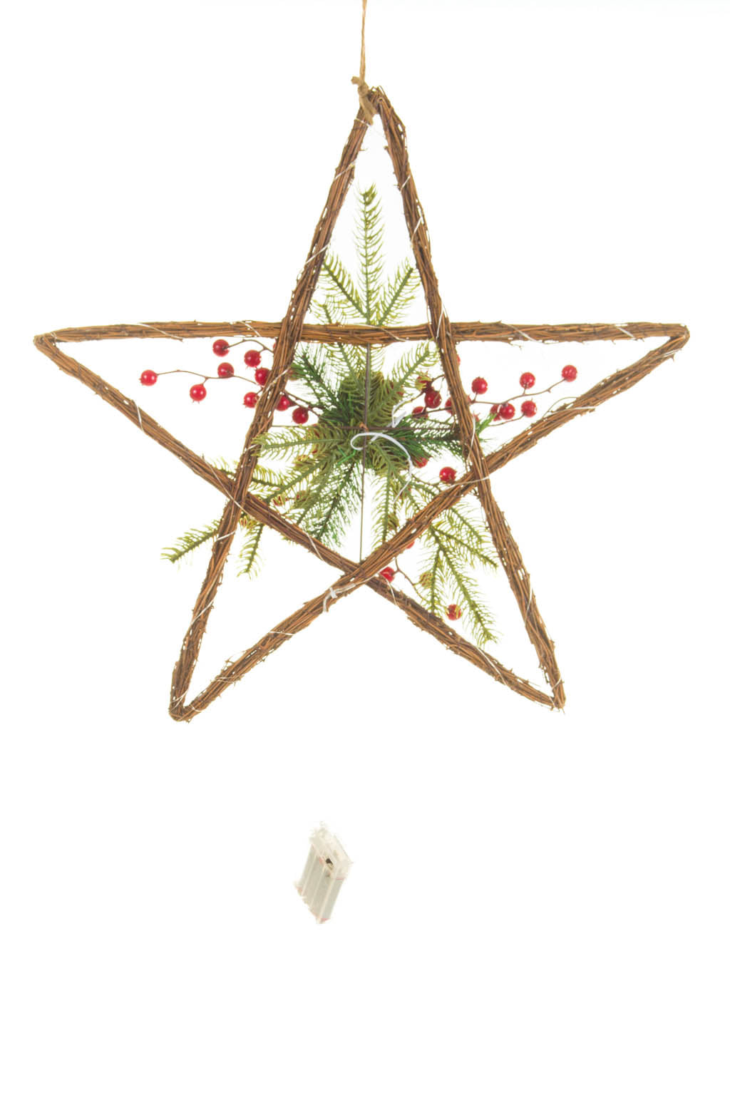 19.5" Hanging Umber and Green Wood Handwoven Warm White LED Christmas Star